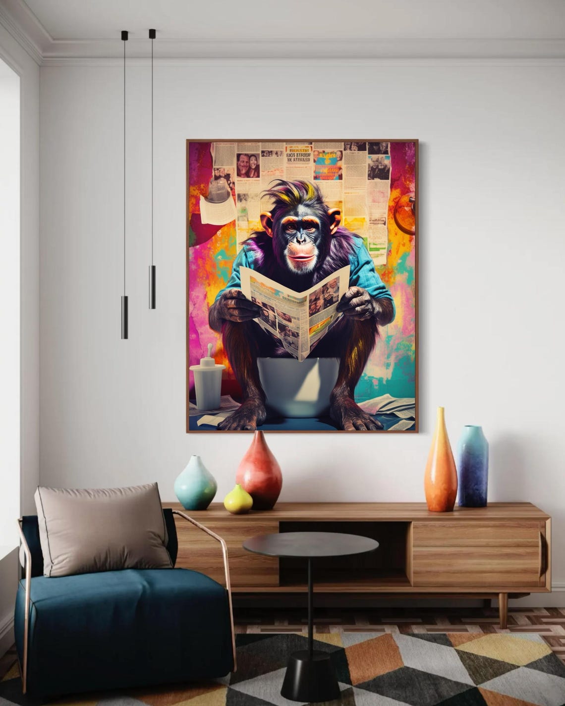 Funny Chimpanzee on Toilet Reading Newspaper Colorful Art Poster - Image 7