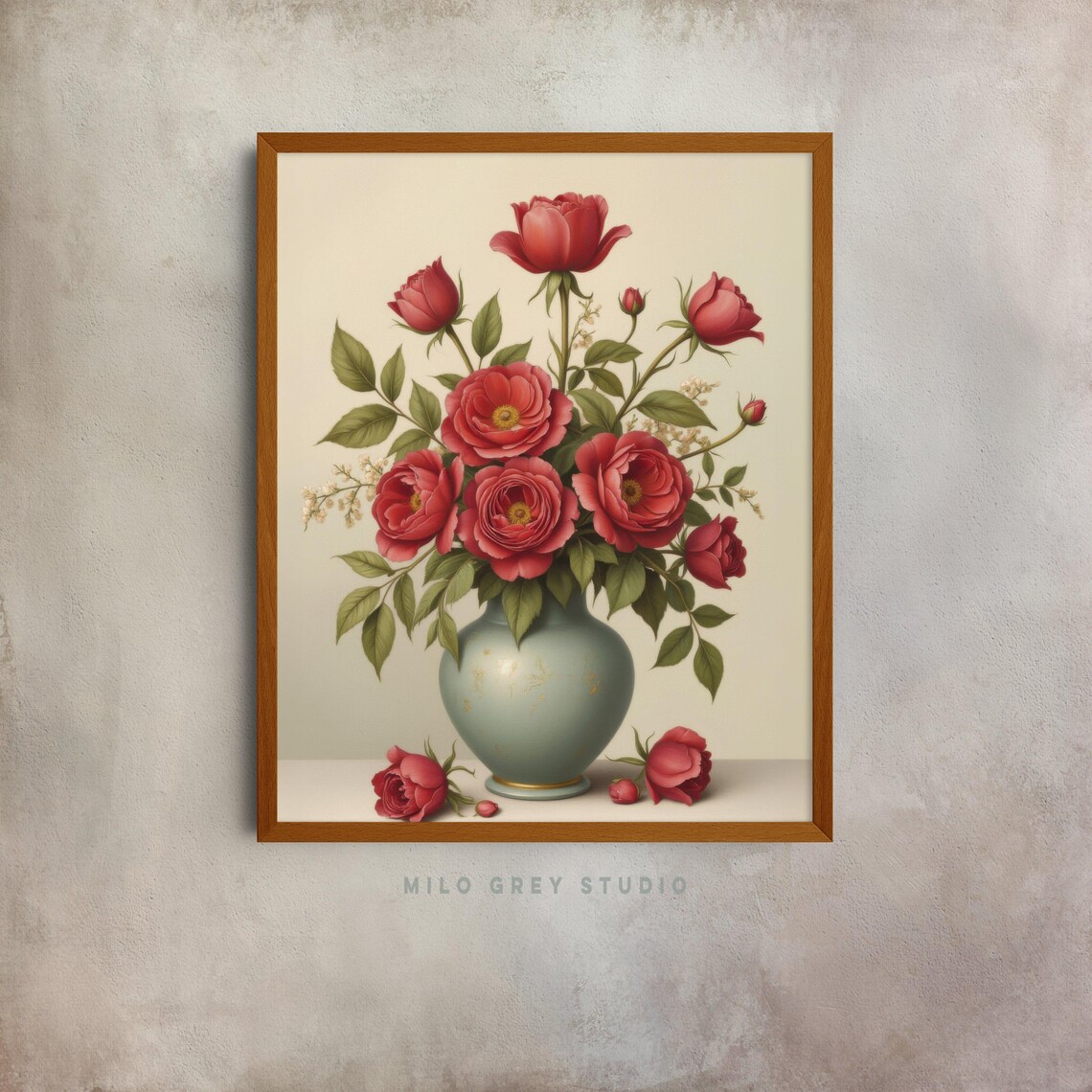 Classic Red Roses In Blue Vase Vintage Botanical Floral Poster