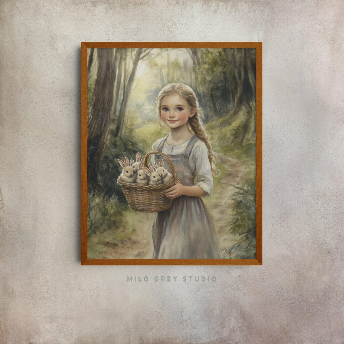 Little Girl Holding Basket Of Baby Bunnies In The Forest Poster