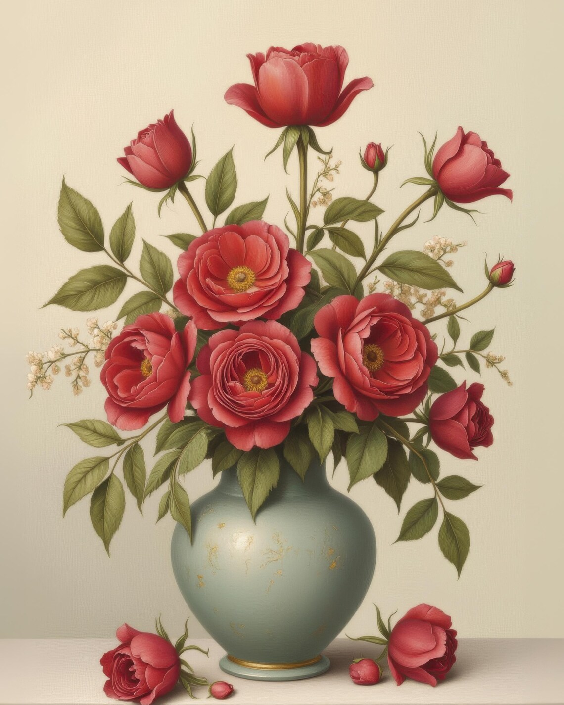 Classic Red Roses In Blue Vase Vintage Botanical Floral Poster - Image 3
