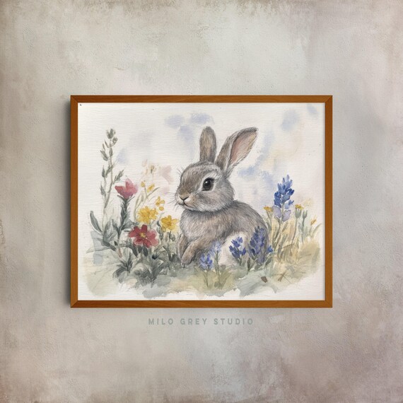 Watercolor Gray Bunny Among Wildflowers Spring Nursery Art Poster