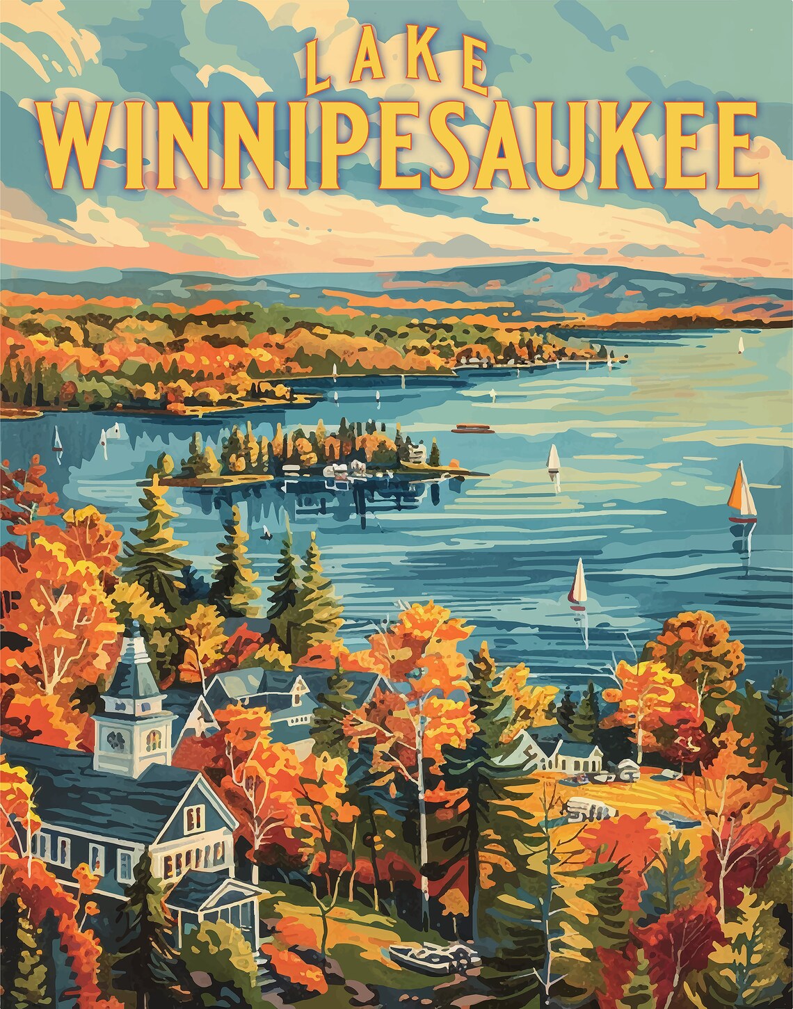 Lake Winnipesaukee Autumn Sailboats Fall Foliage Travel Poster