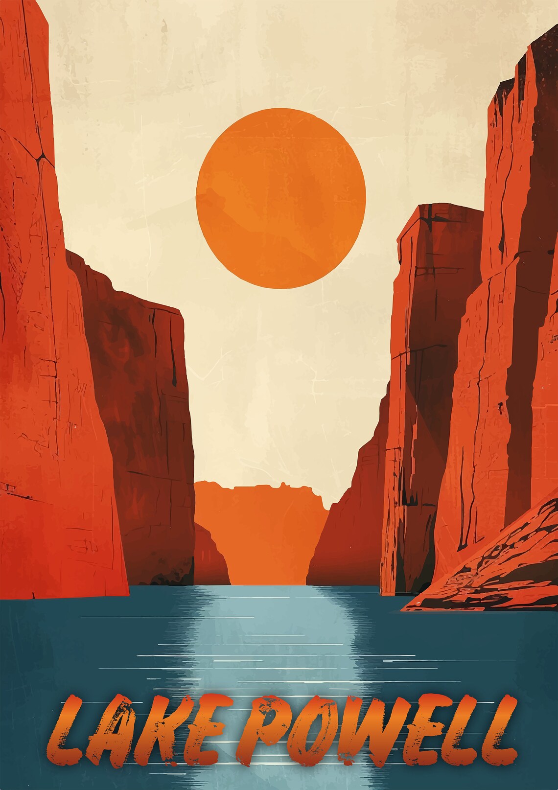 Lake Powell Red Rock Canyon with Giant Sun Minimalist Travel Poster