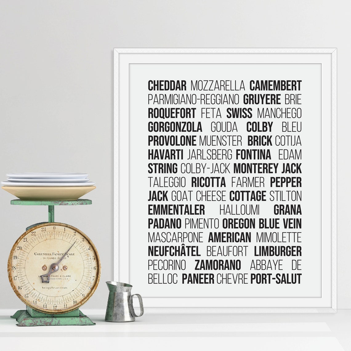 Cheese Lovers Typographic List Kitchen Wall Decor Minimalist Poster