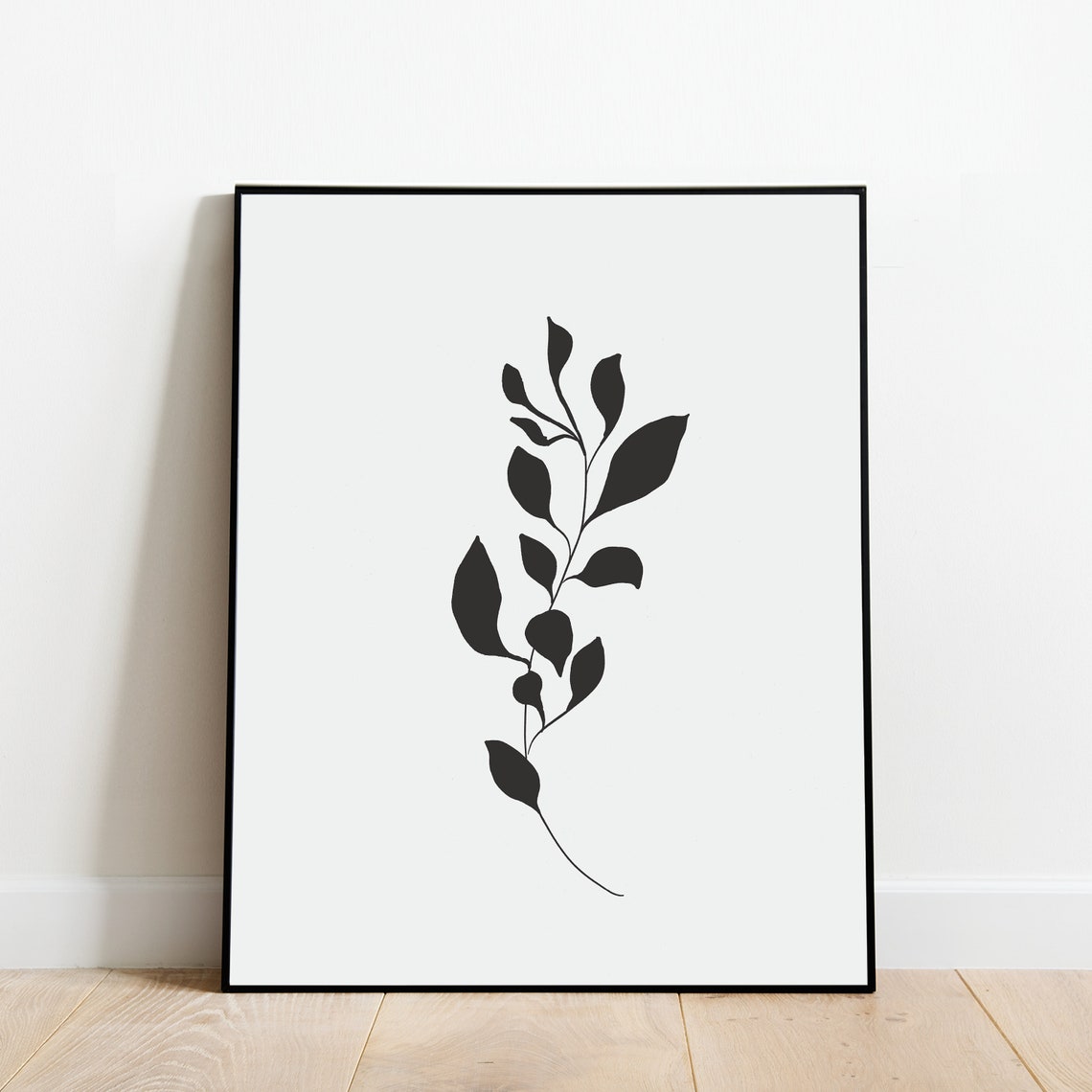 Black Botanical Leafy Branch Silhouette Minimalist Boho Framed Print