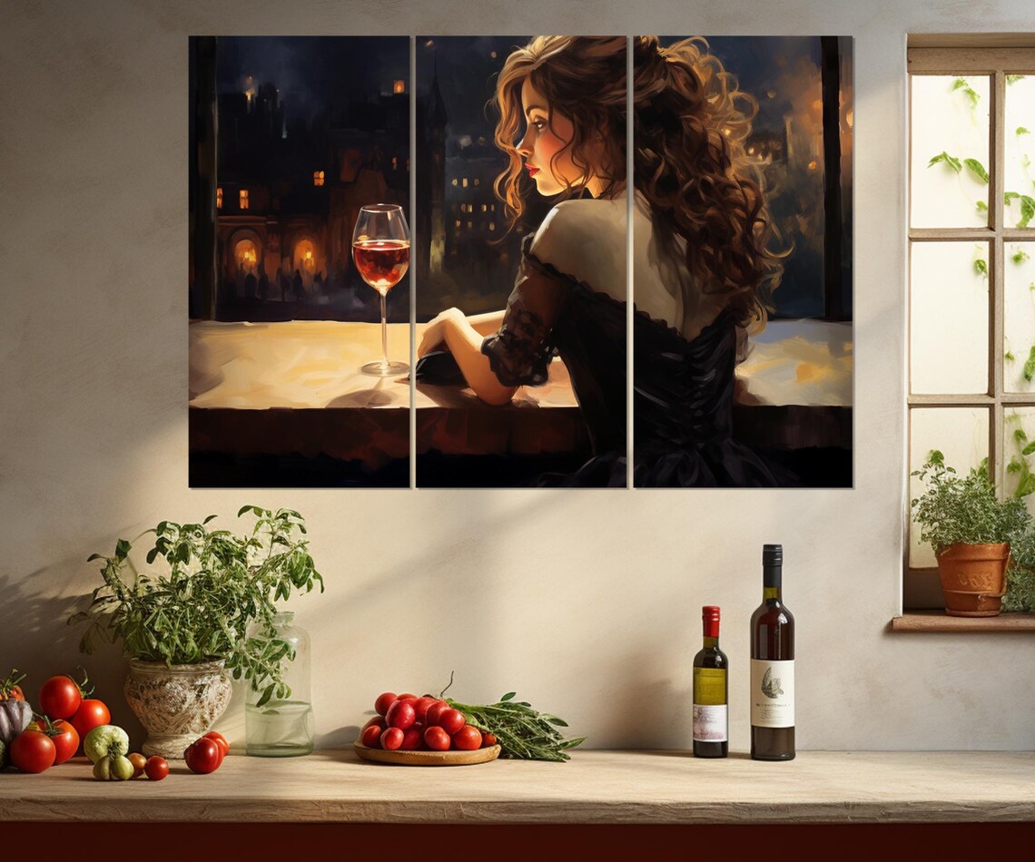Elegant Lady With Red Wine Glass Night City Lights Romantic Painting Poster - Image 4