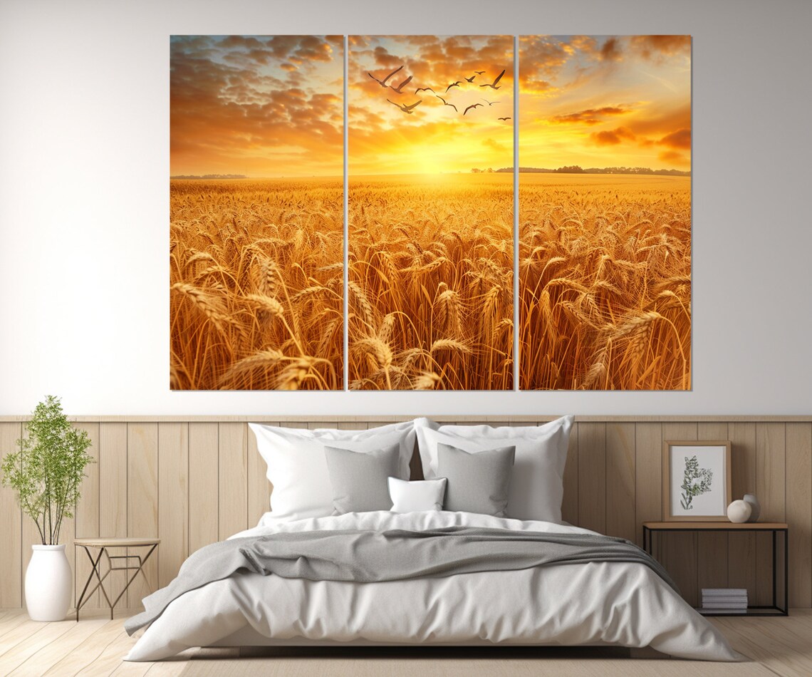 Golden Wheat Field Sunset Birds Farmhouse Harvest Landscape Poster - Image 4