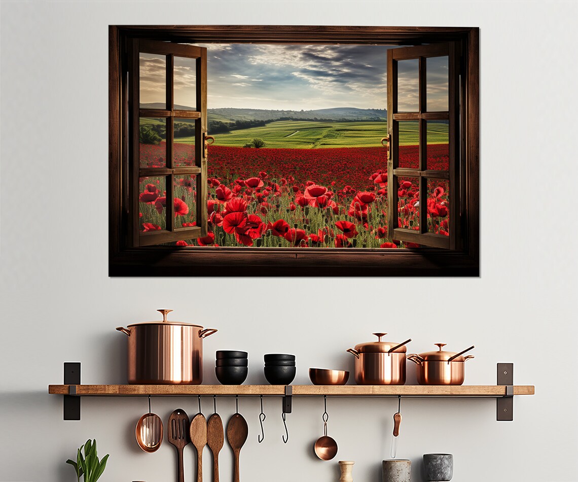 Open Window Poppy Field View Art Print, Floral