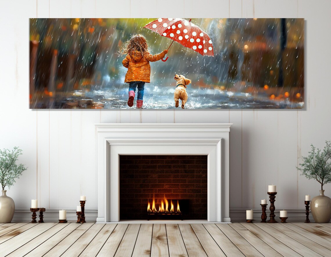 Little Girl Puppy In Rain Red Umbrella Joyful Kids Triptych Wall Art - Image 4