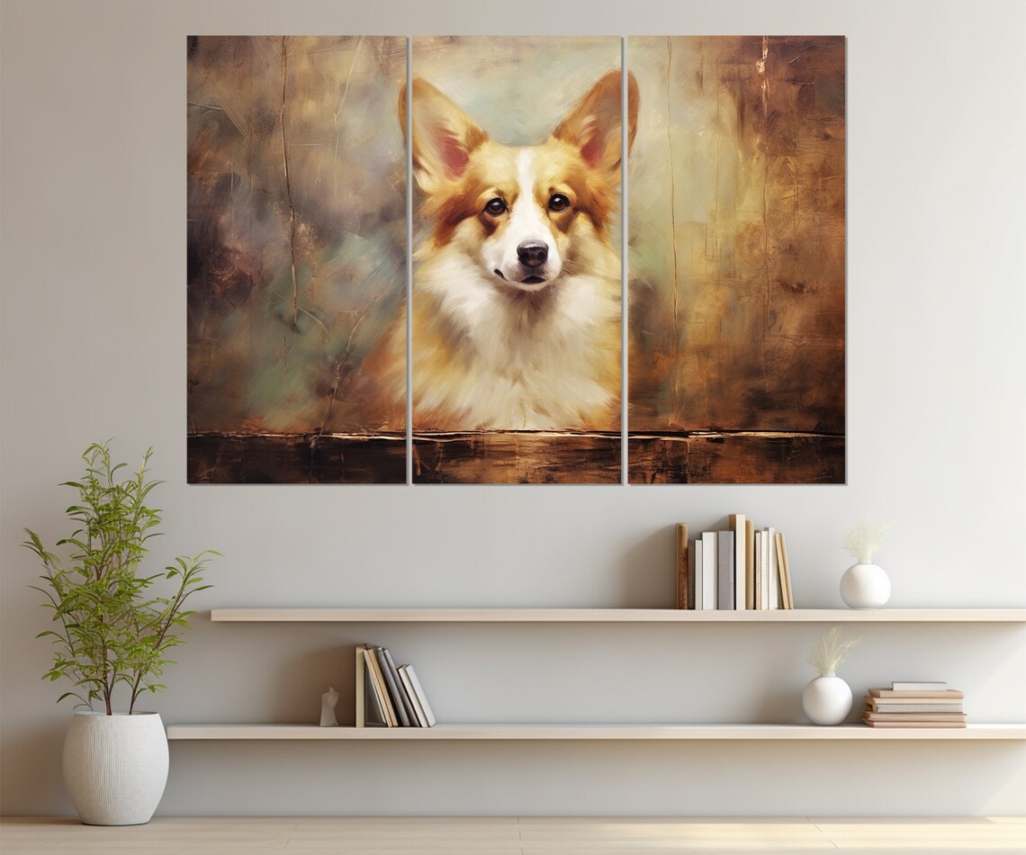 Adorable Corgi Portrait Triptych Warm Tones Cute Dog Lover Art Poster - Image 2