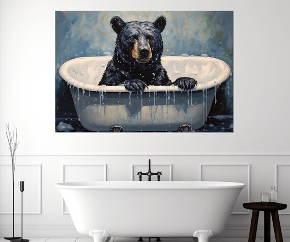 Baby Black Bear Splashing In A White Vintage Bathtub Cute Poster