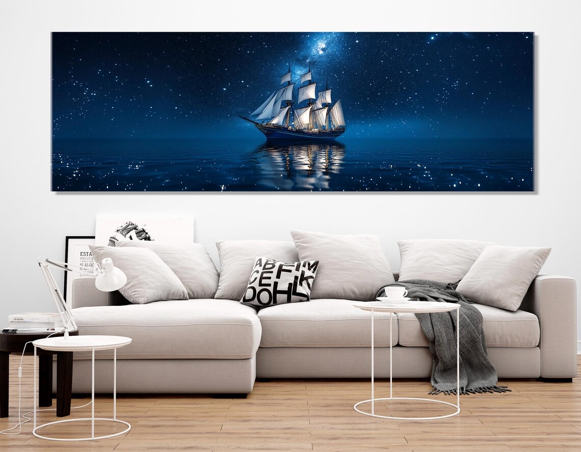 Tall Ship Under Starry Night Sea Milky Way Triptych Sailing Wall Art Poster - Image 4