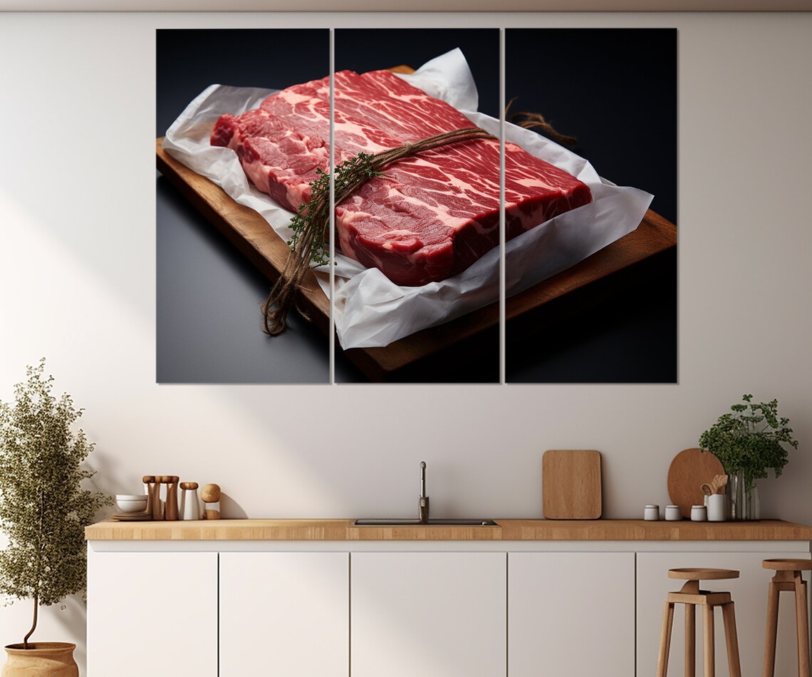 Fresh Raw Veal Slab Tied With Thyme Butcher Shop Kitchen Art Print - Image 3