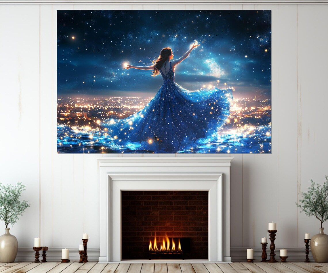 Dancing Fairy Starry Blue Gown Above City Lights Night Fantasy Poster - Image 2