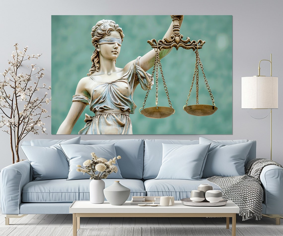 Lady Justice Statue Scales Law Office Teal Background Elegant Poster