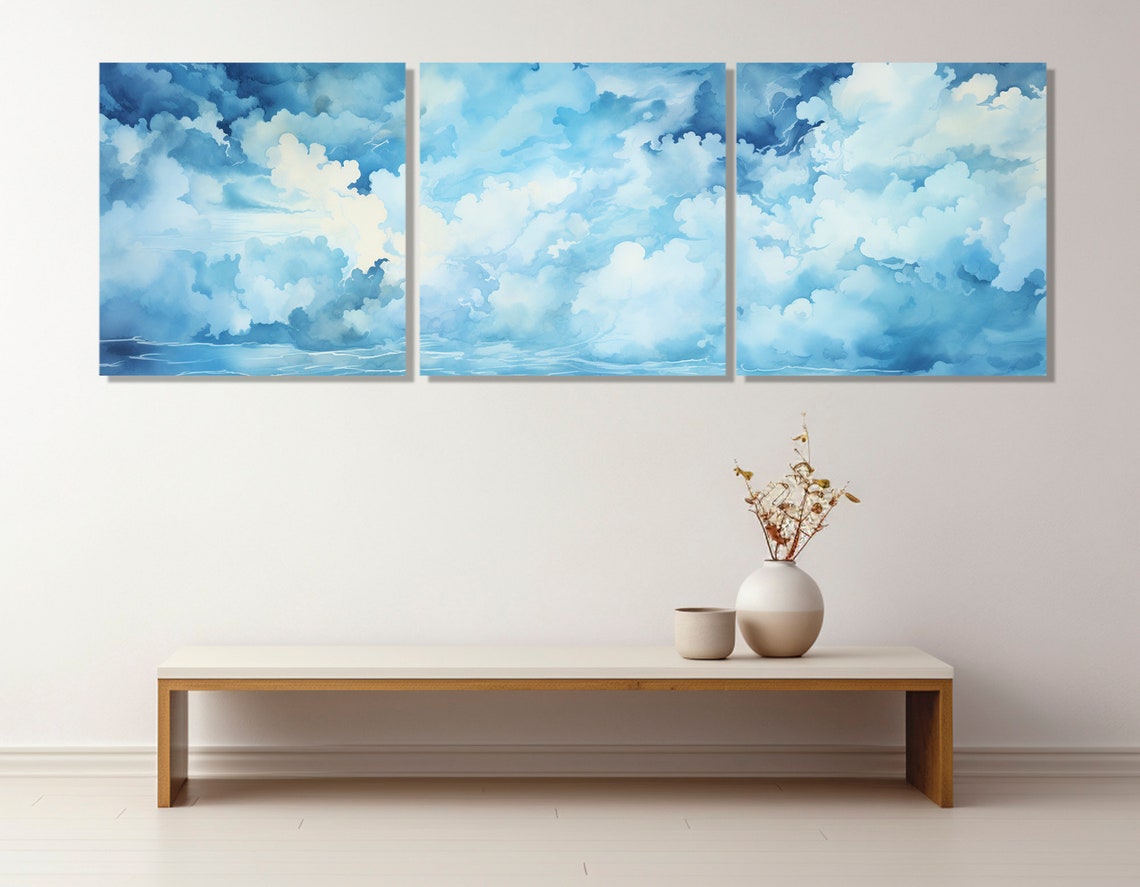 Soft Blue Clouds Watercolor Sky Panoramic Calm Bedroom Wall Art Poster - Image 4