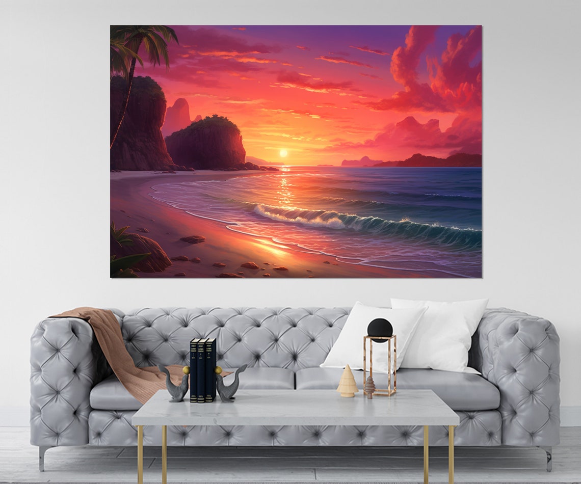 Crimson Sunset Beach Palm Cliffs Tropical Ocean Waves Travel Poster