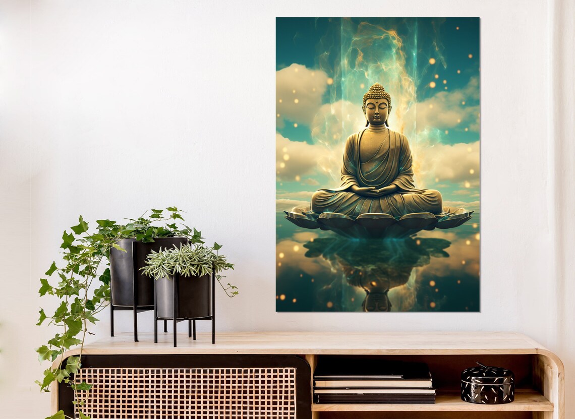 Buddha Meditating Lotus Sky Clouds Spiritual Zen Meditation Wall Art - Image 2