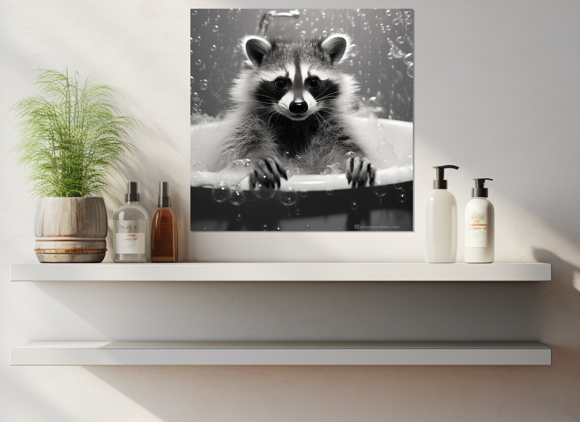 Cute Raccoon In Bubble Bath Black And White Funny Bathroom Wall Art Print - Image 2