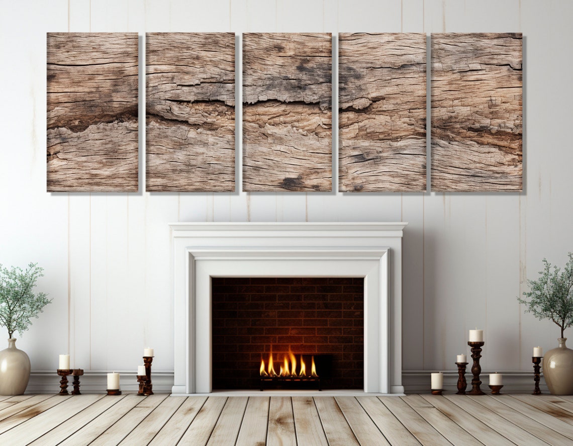 Rustic Weathered Wood Texture Five Panel Split Canvas Modern Wall Art - Image 3