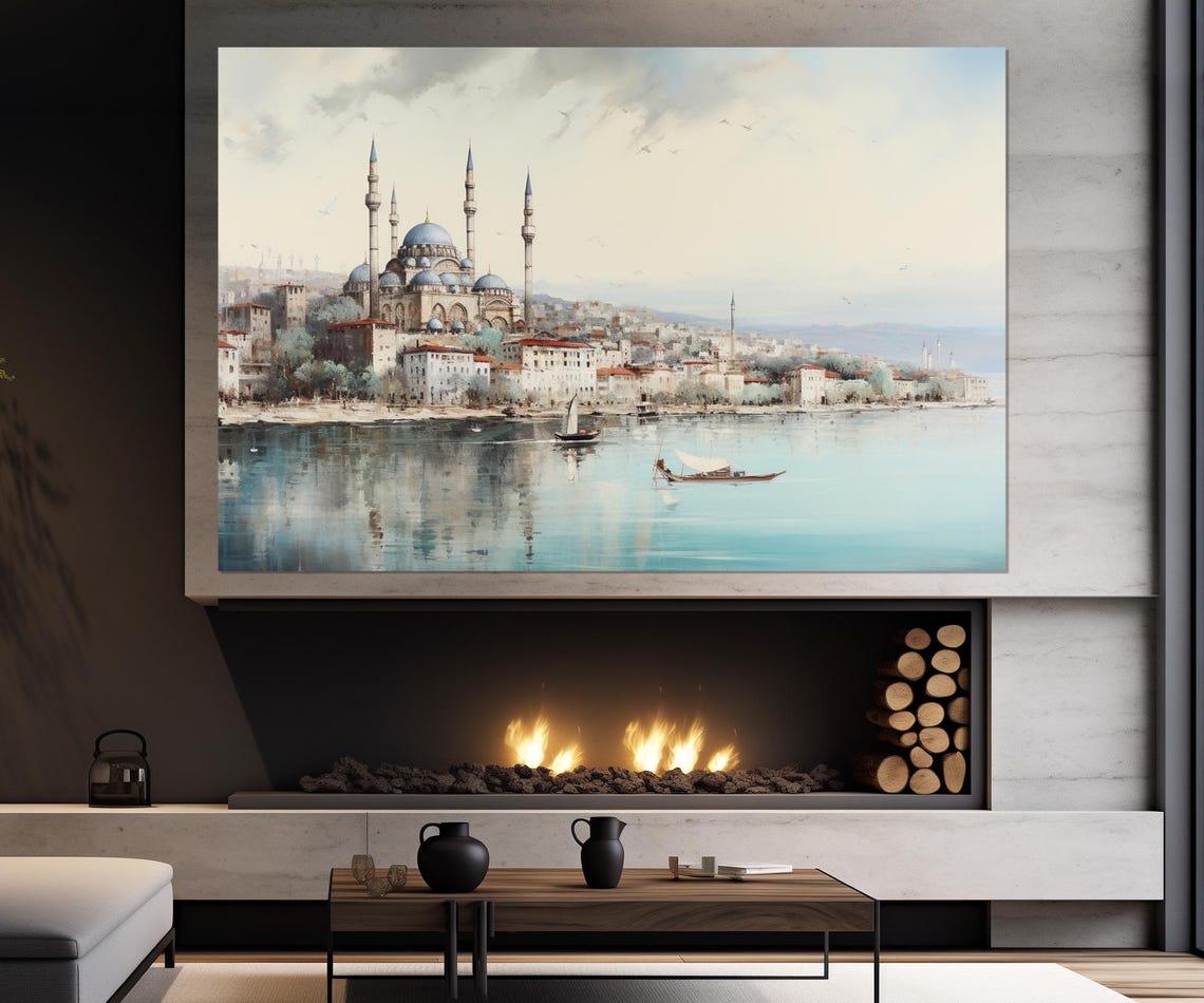 Istanbul Turkey Waterfront Mosque Minarets Soft Pastel Travel Poster - Image 2