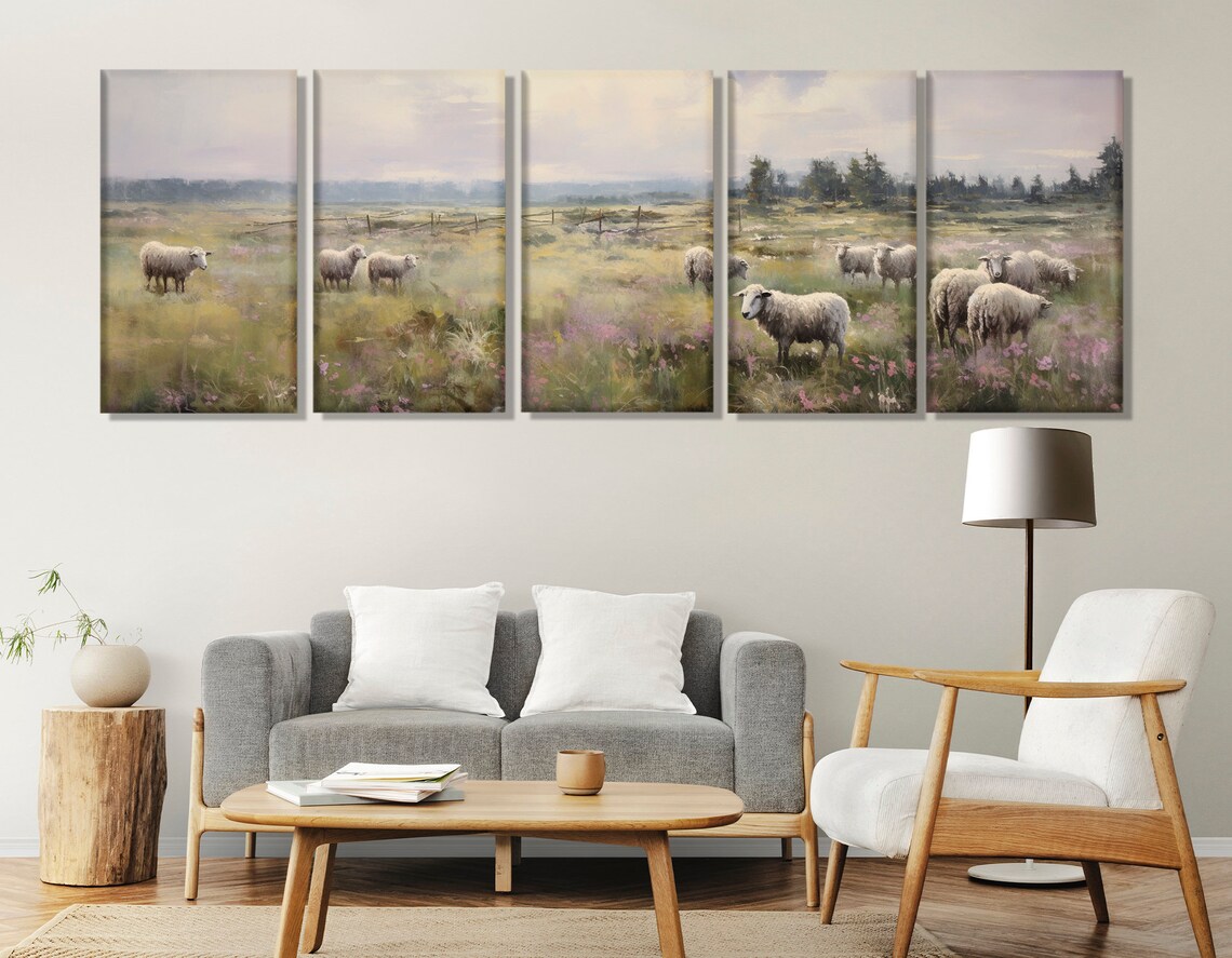 Sheep Grazing In Wildflower Meadow Soft Pastel Farmhouse Scene Poster - Image 2