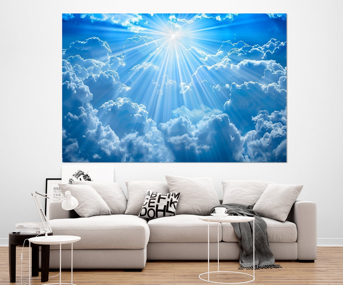 Heavenly Sun Rays Bursting Blue Clouds Triptych Divine Light Wall Art - Image 4