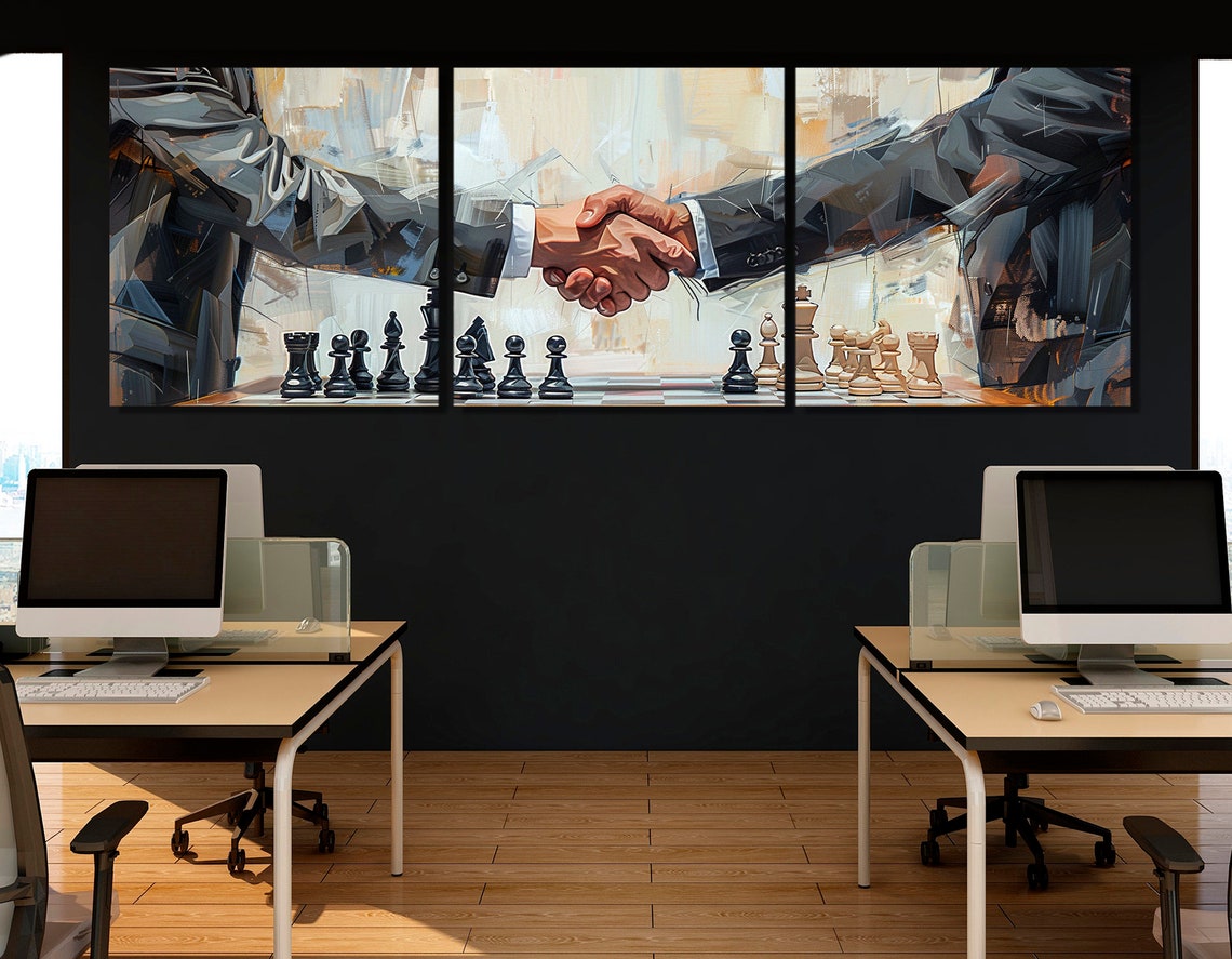 Business Deal Handshake Chess Triptych Painting Modern Office Poster - Image 2
