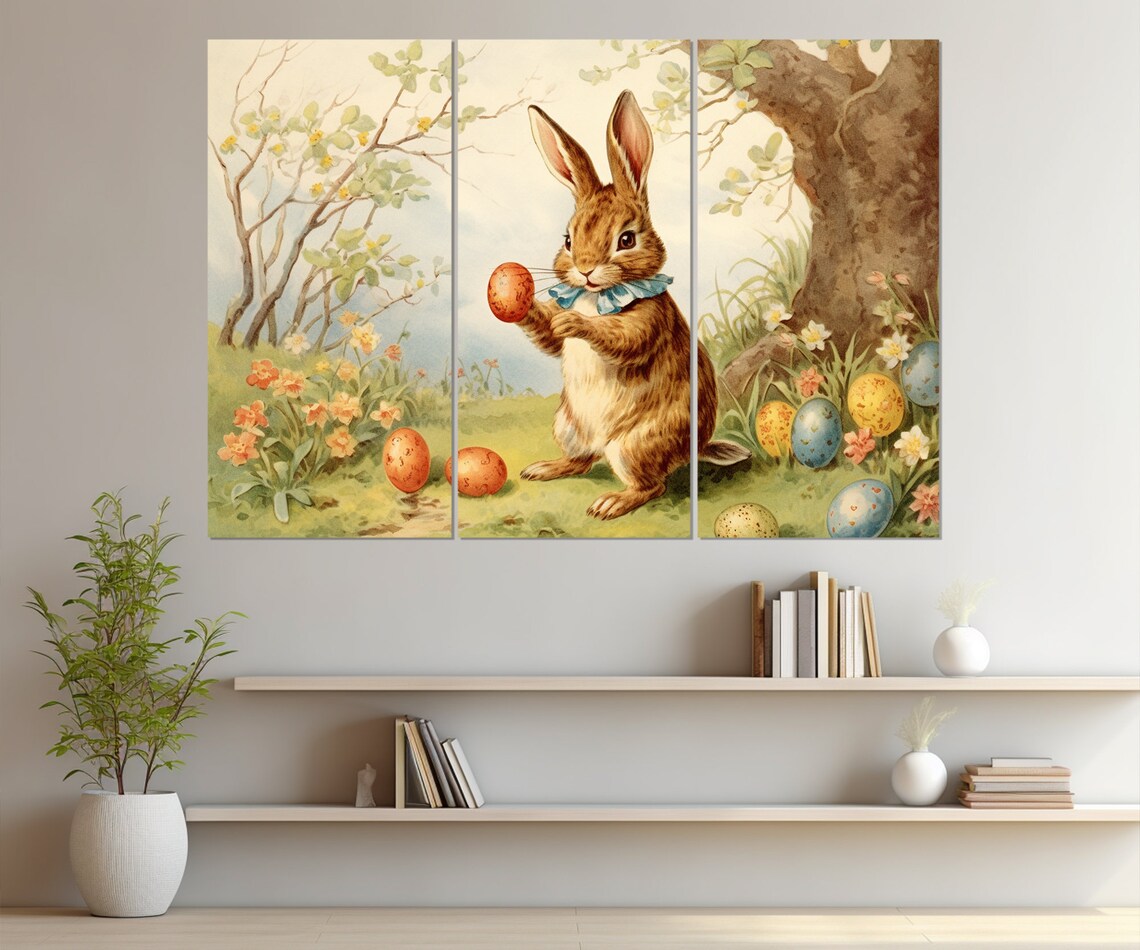 Vintage Easter Bunny Holding Decorated Egg Spring Flowers Nursery Wall Art Poster - Image 3