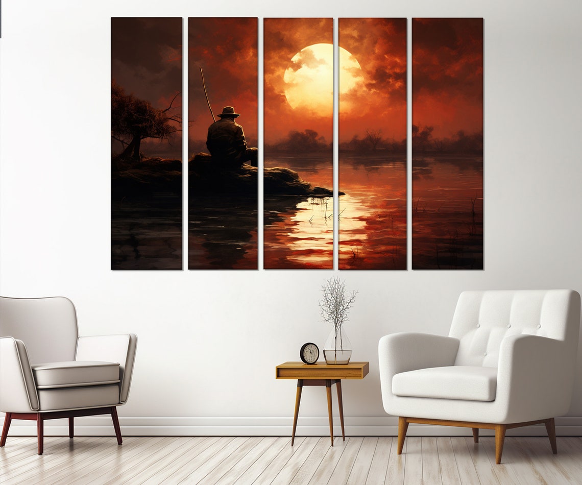 Fishing On Sunset Painting Print Fishing Wall Art Fisherman Gift Fishing Shop Decor Framed And Ready To Hang - Image 2