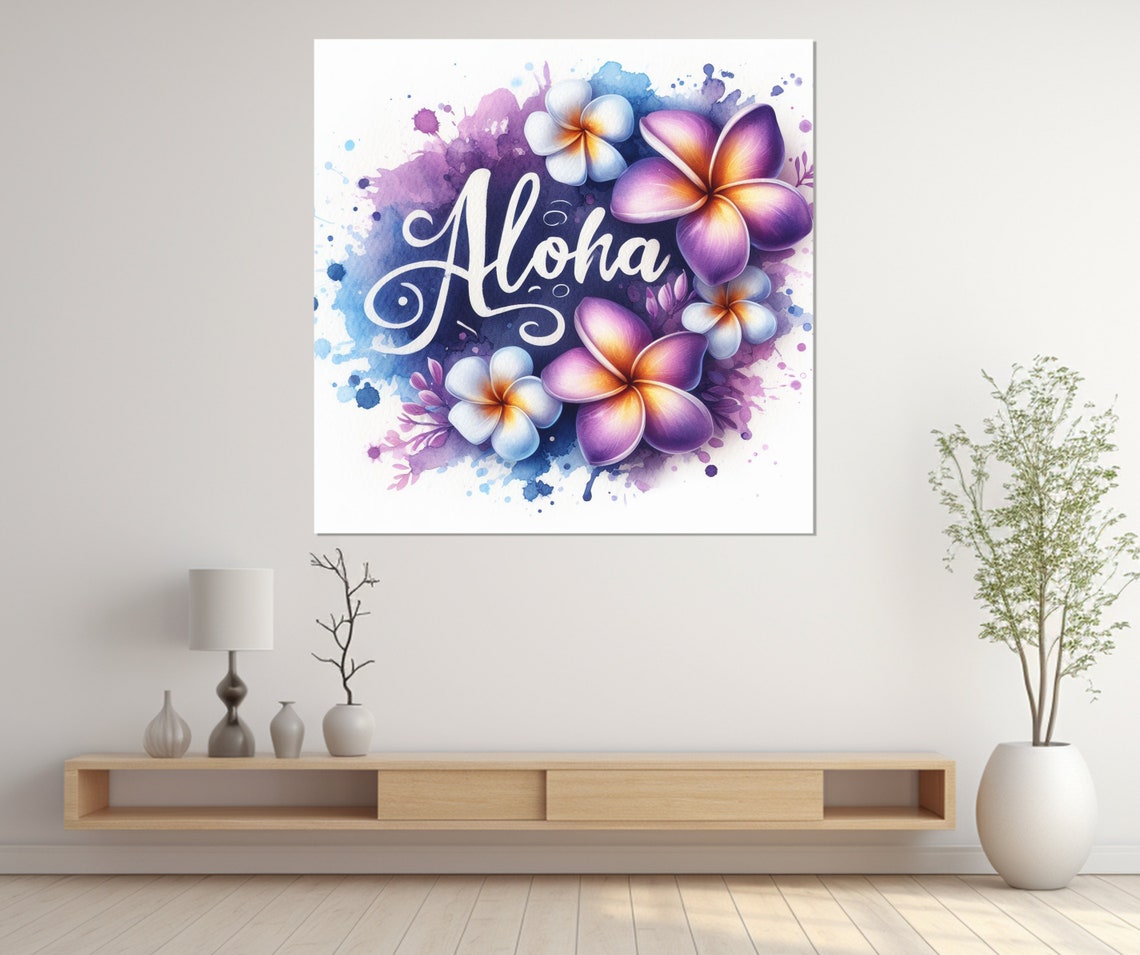 Aloha Script Watercolor Plumeria Flowers Purple Blue Hawaii Wall Art - Image 2