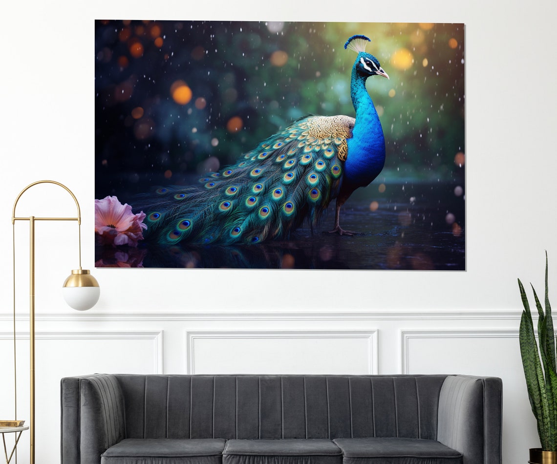 Peacock Iridescent Feather Tail Rain Bokeh Elegant Bird Wall Art