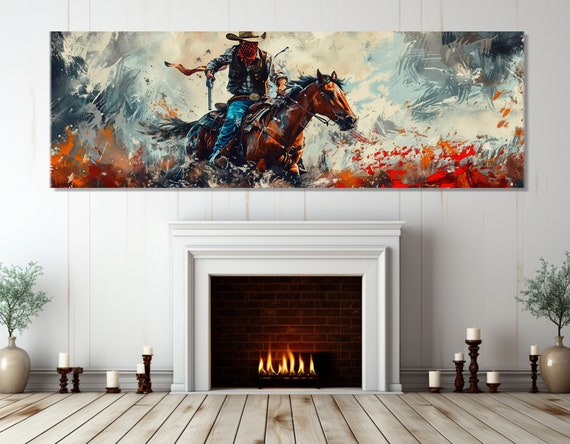 Wild West Wall Art Cowboy With A Gun Retro Style Painting Print Large Wild West Print Framed And Ready To Hang