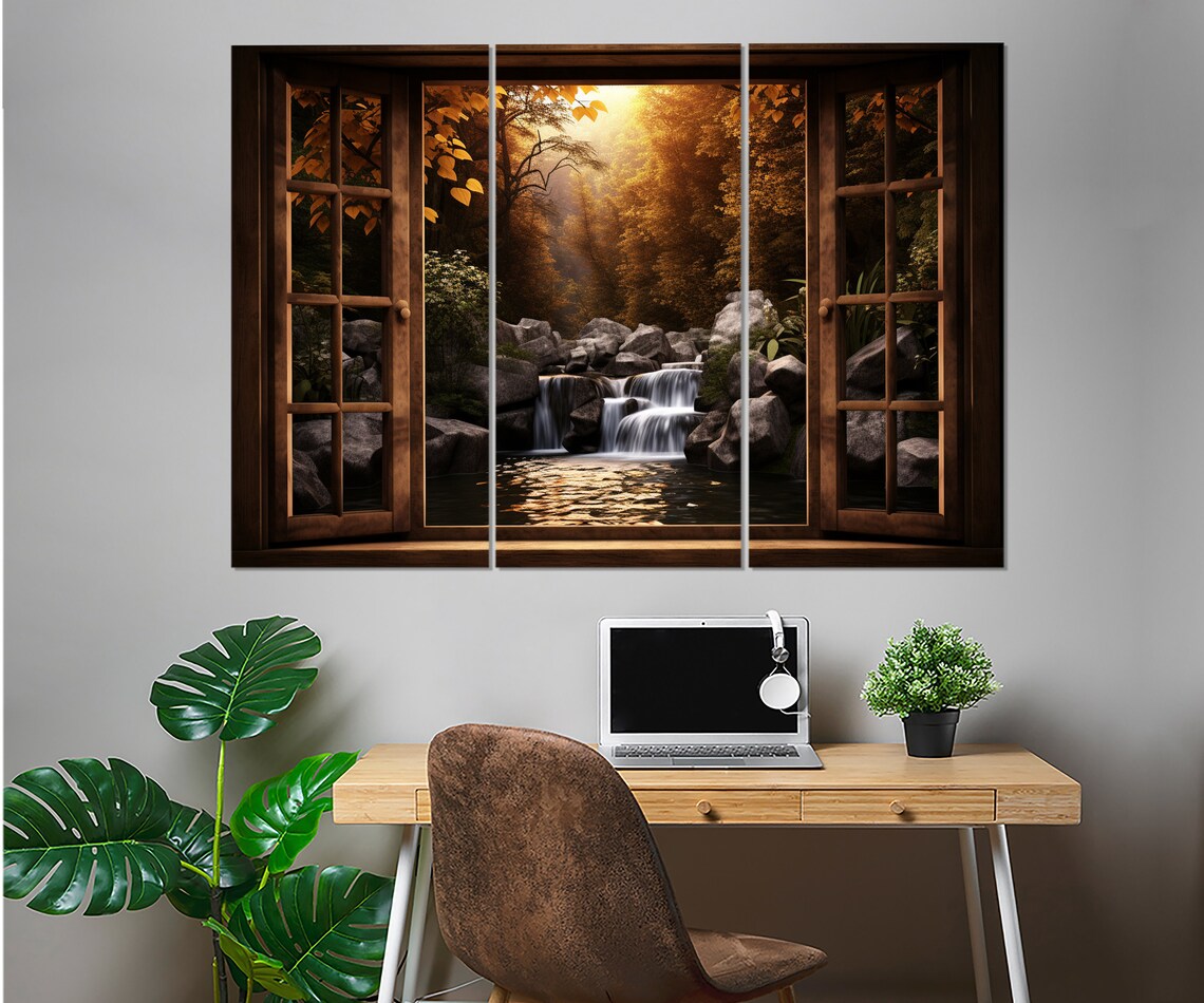 Open Window With Forest Waterfall View Art Print - Image 3