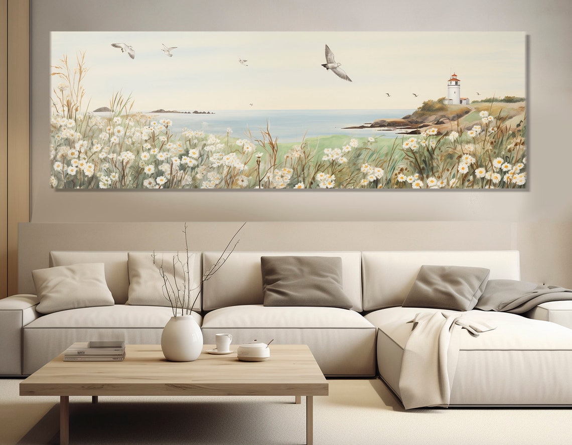 Daisy Field Coast Lighthouse Seagulls Soft Watercolor Seascape Poster