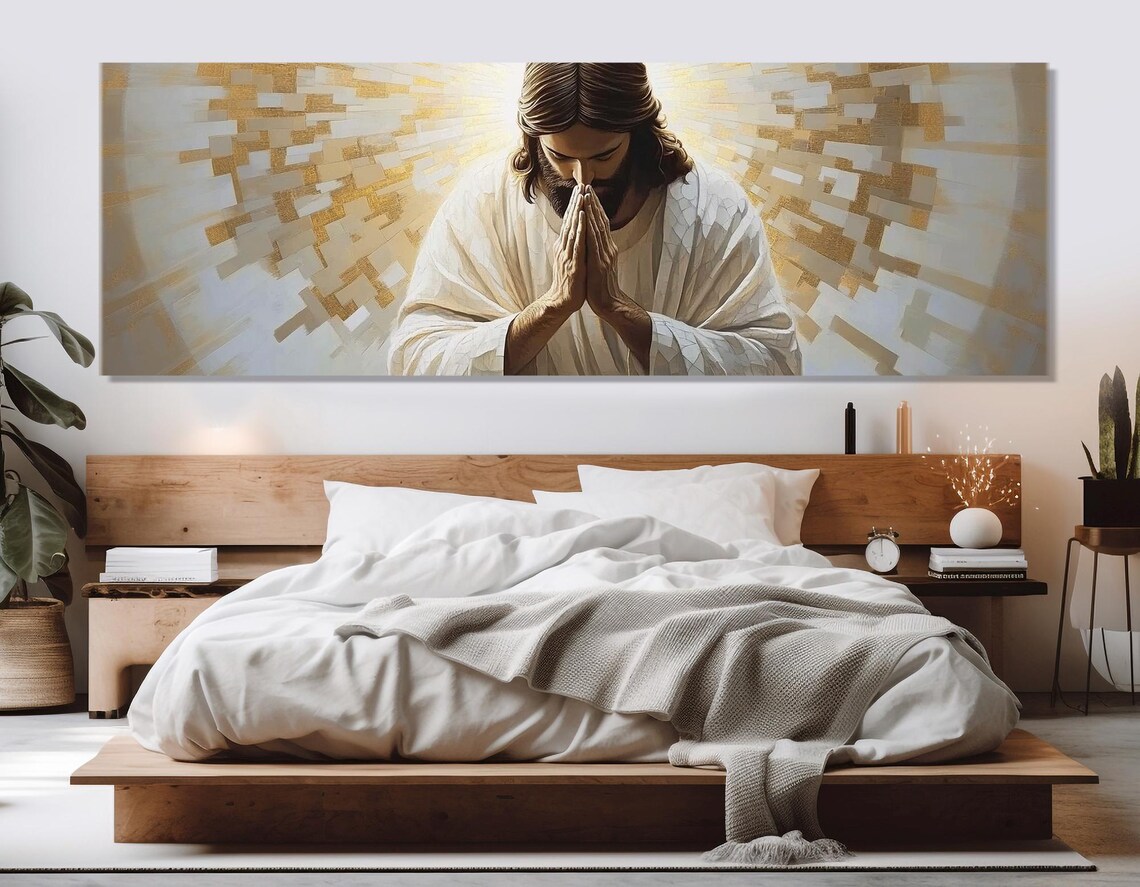 Praying Jesus Christ Golden Mosaic Halo Serene Hands Devotional Wall Poster