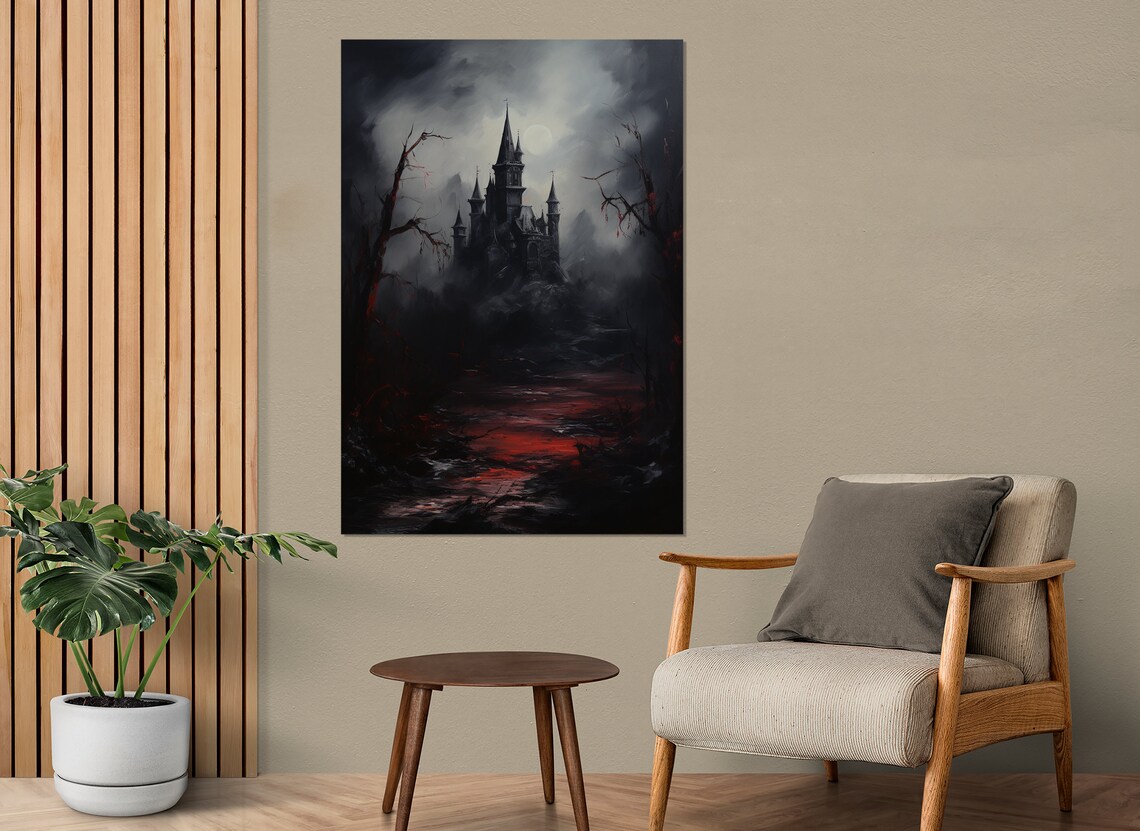 Dark Gothic Castle On Hill With Blood Red Path Moonlit Night Poster - Image 2