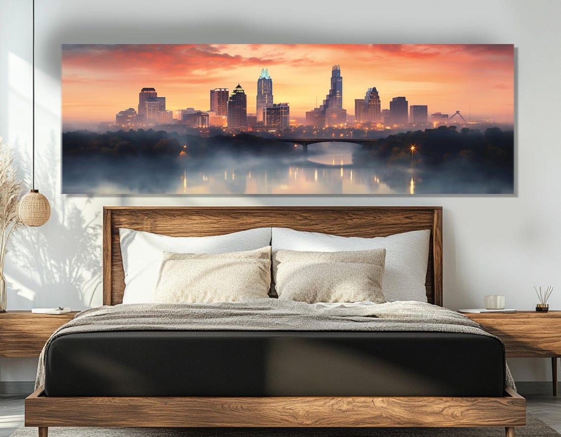 Misty Austin Morning Skyline With Calm River Reflection Poster