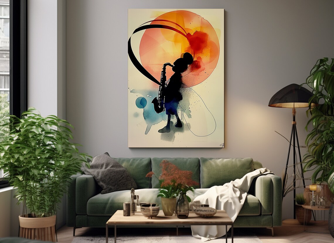 Jazz Saxophonist Silhouette Orange Sun Abstract Watercolor Music Wall Art Print - Image 4