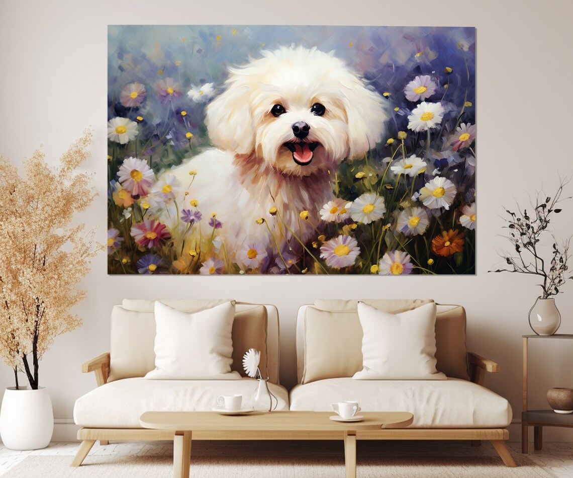 White Fluffy Puppy In Daisy Field Impressionist Dog Painting Poster