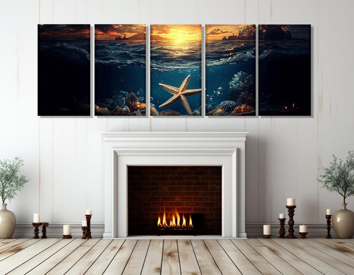 Starfish Coral Reef Underwater Sunset Ocean Split View Travel Poster - Image 3