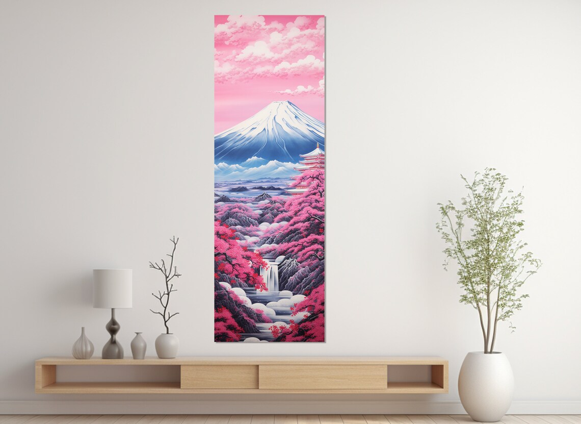 Mount Fuji Pink Cherry Blossom Pagoda Vertical Panoramic Travel Poster - Image 2