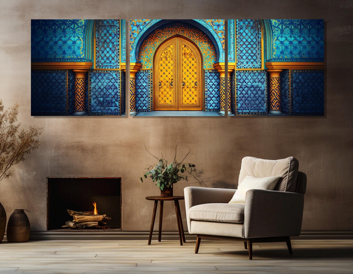 Moroccan Style Patterned Door, Gold And Blue Print