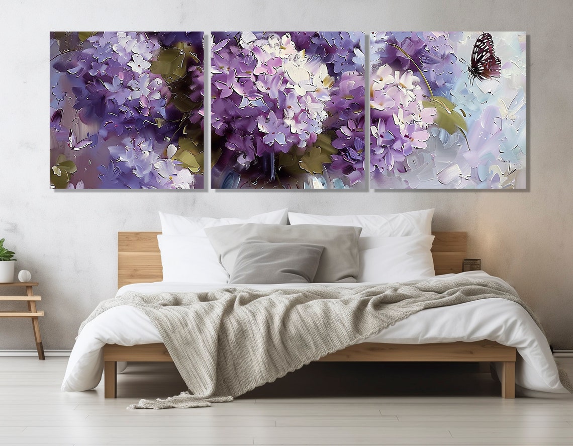 Purple Lilac Blossoms Butterfly Thick Impasto Spring Floral Wall Art - Image 4