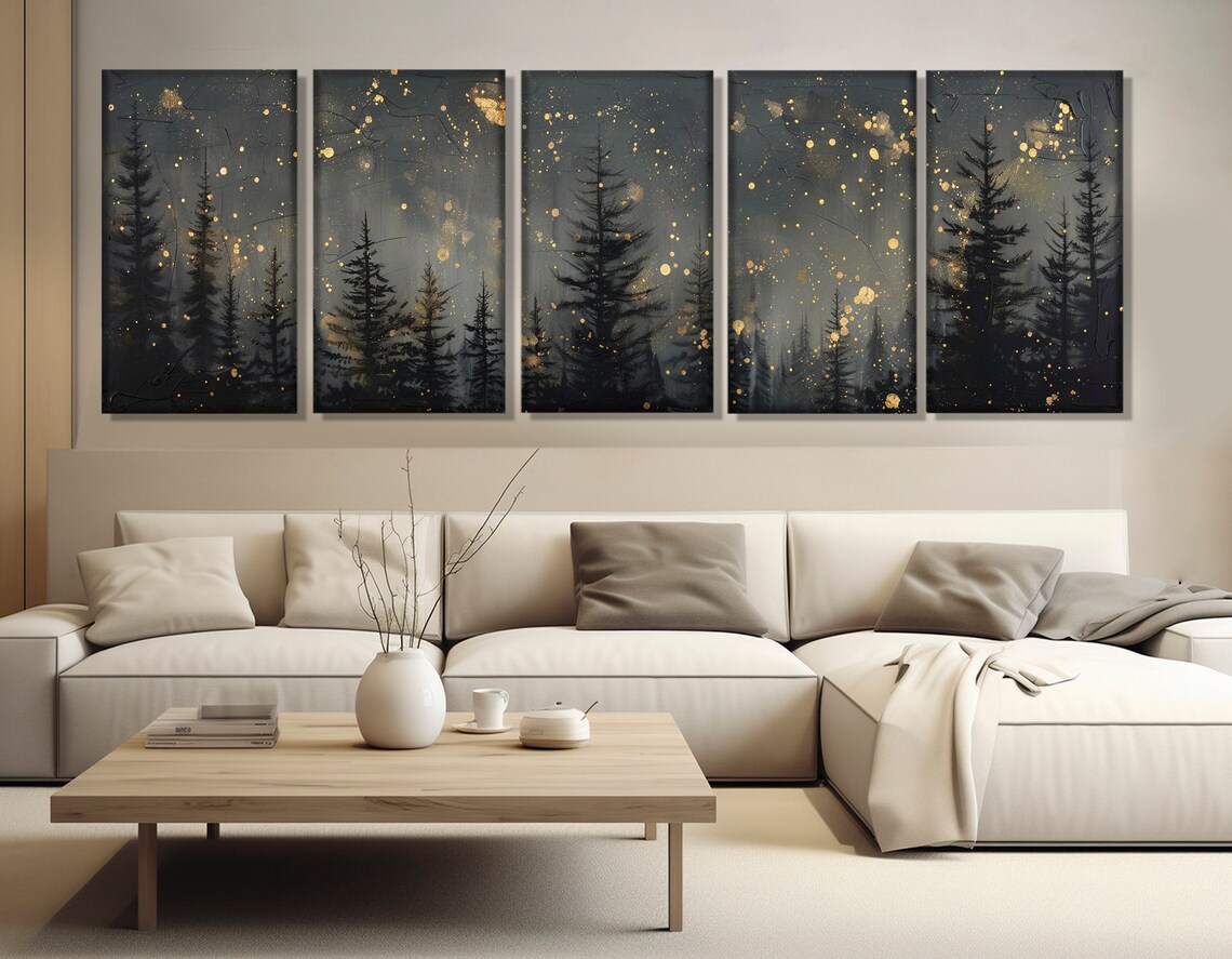 Large Pine Forest at Night, Abstract Starry Sky Art Print - Image 2