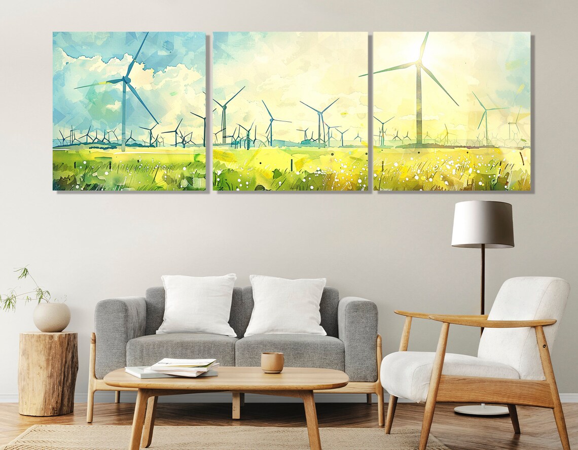 Wind Turbines Over Green Meadow Watercolor Renewable Energy Art Poster - Image 4