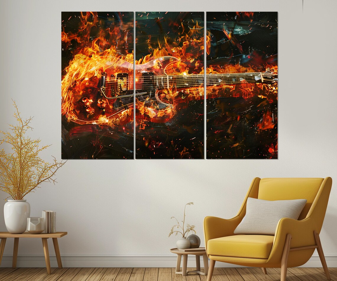 Electric Guitar Engulfed in Flames Fiery Rock Music Painting Dramatic Wall Art Poster - Image 3
