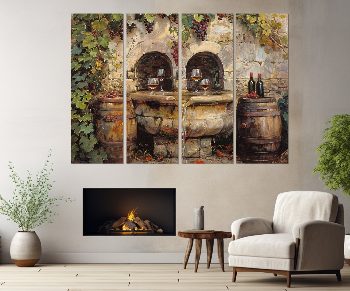 Vintage Wine Fountain Stone Cellar Oak Barrels Grapes Rustic Wall Art - Image 2