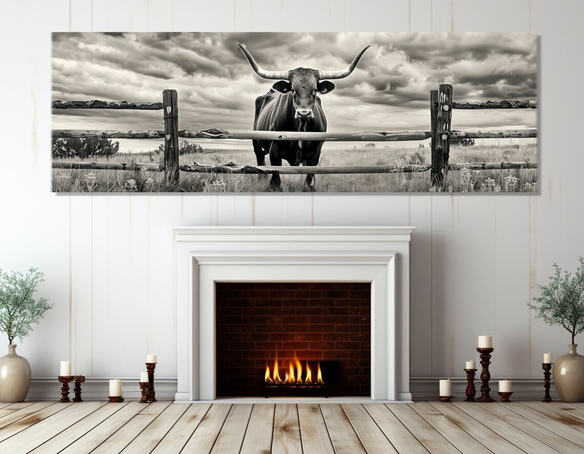 Texas Longhorn Bull Rustic Fence Stormy Sky Black White Farm Poster - Image 4