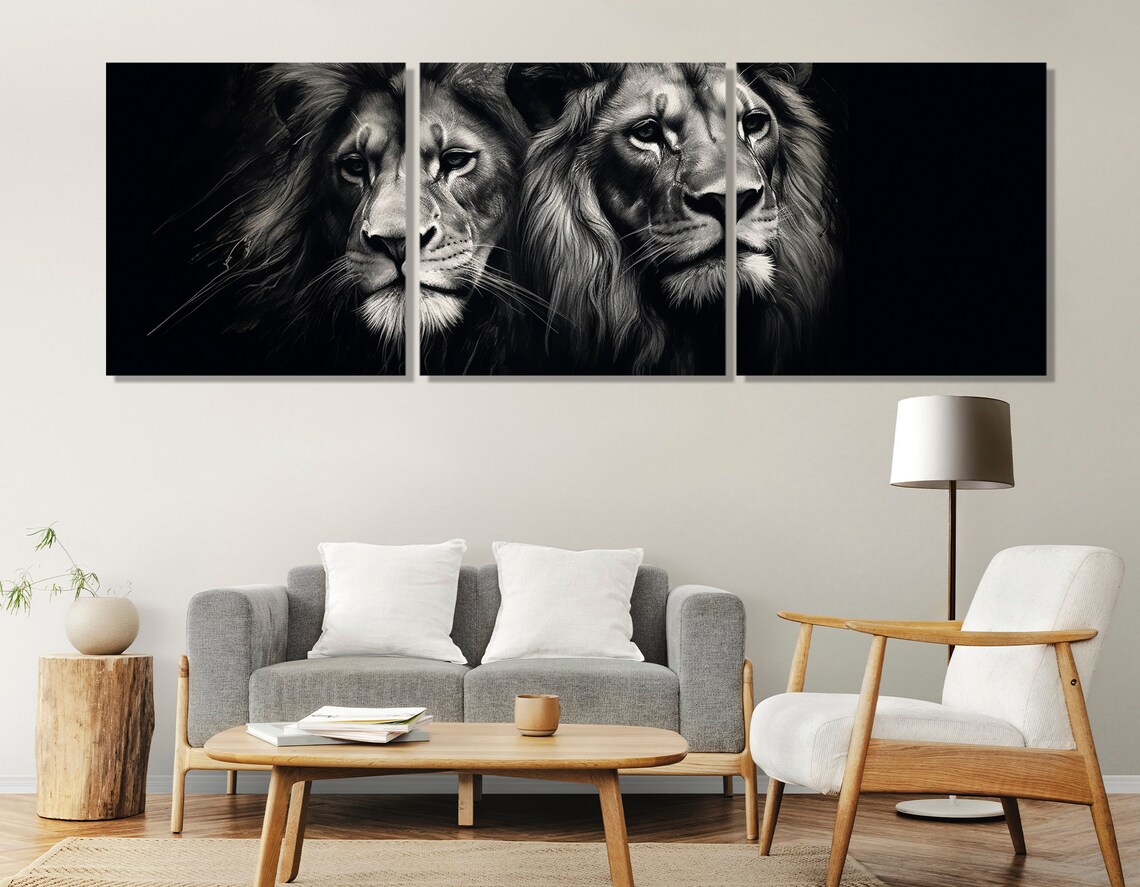 Two Lions Black And White Portrait Majestic Panoramic Wildlife Art Poster - Image 3